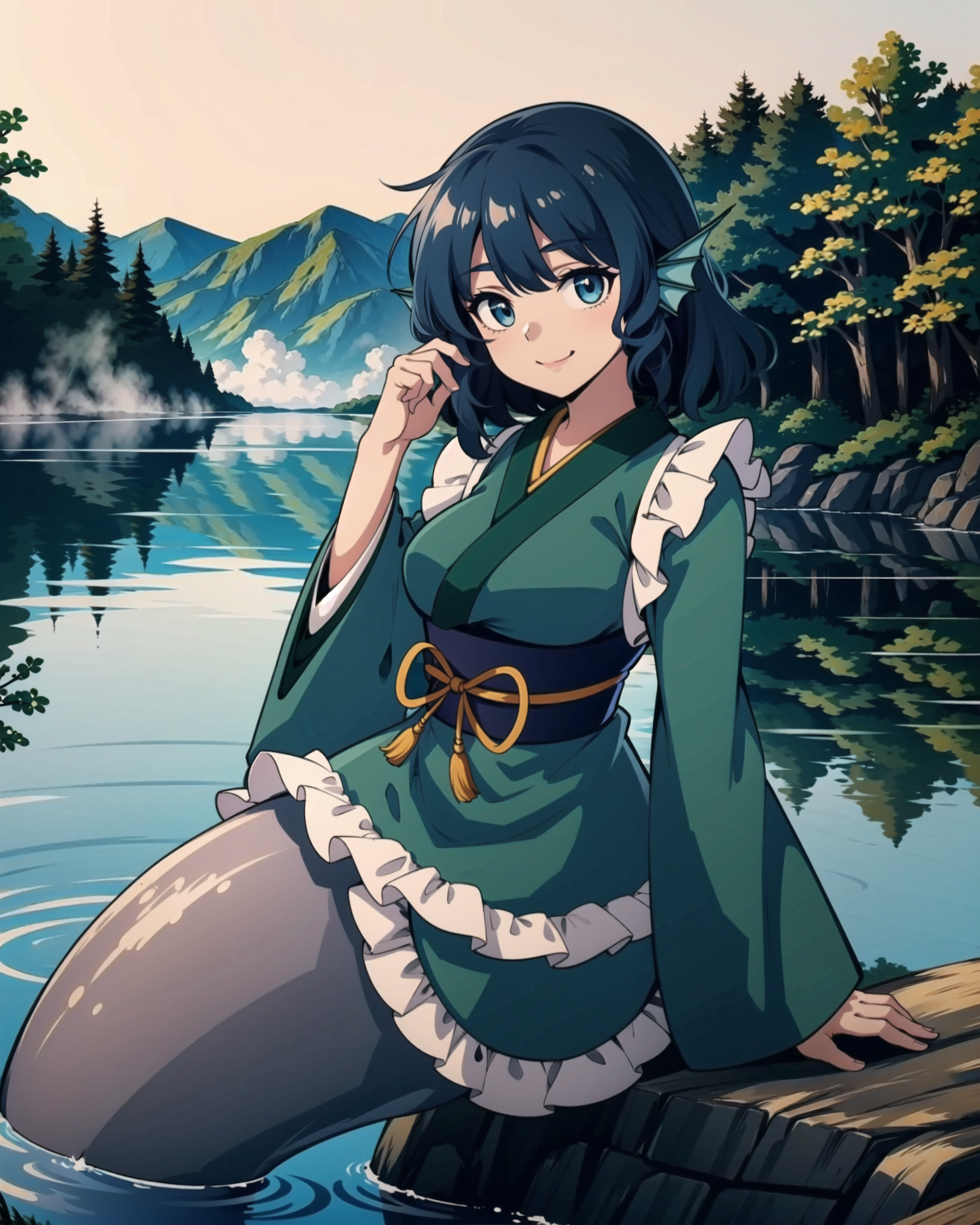 01381-3906815940-_lora_Wakasagihime_1_, wakasagihime, 1girl, mermaid, monster girl, blue hair, short hair, blue eyes, head fins, japanese clothes.png